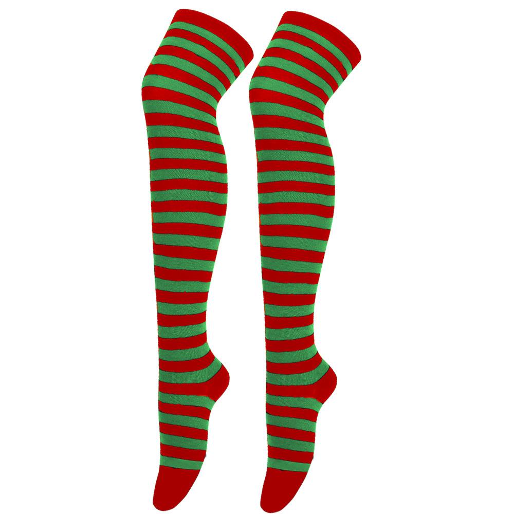 Chaussettes montantes rayées festives de lutin - rouges et vertes