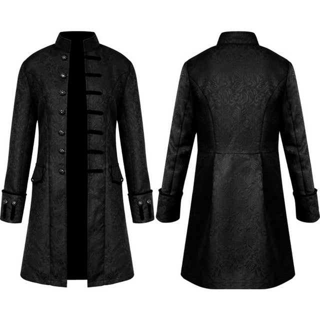 Medieval frock Coat brocade Jacket - adult. Front and back view of a men's black gothic steampunk frock coat with a tonal jacquard pattern, stand collar, and ornate button loops