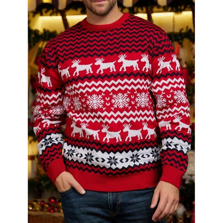 Men's Ugly Christmas Knit Sweater with reindeer and snowflake motifs