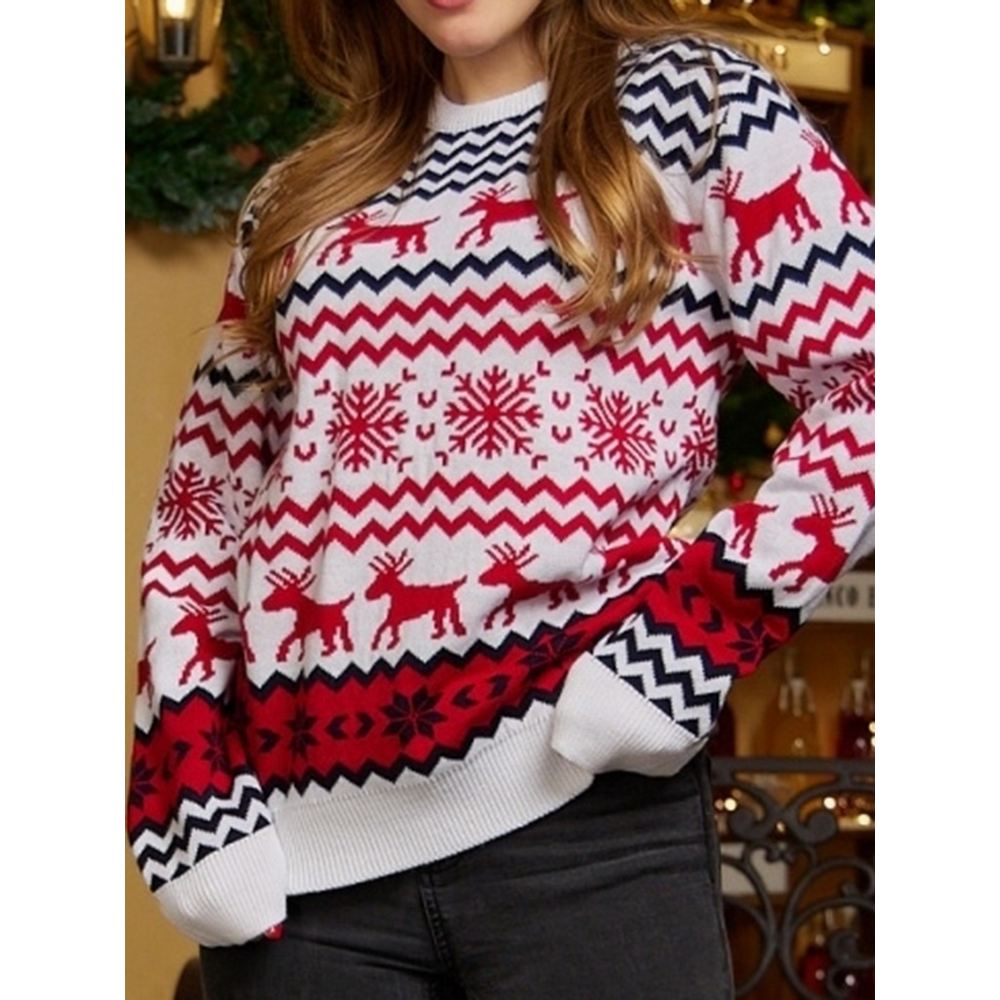 Chandail moche de Noël pour femme, en tricot à motifs de rennes et de flocons de neige