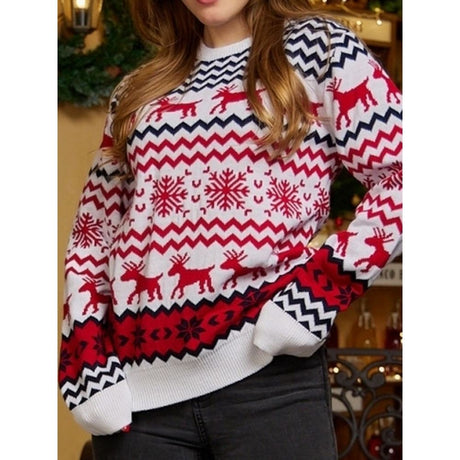 Women's Ugly Christmas Knit Sweater with reindeer and snowflake motifs