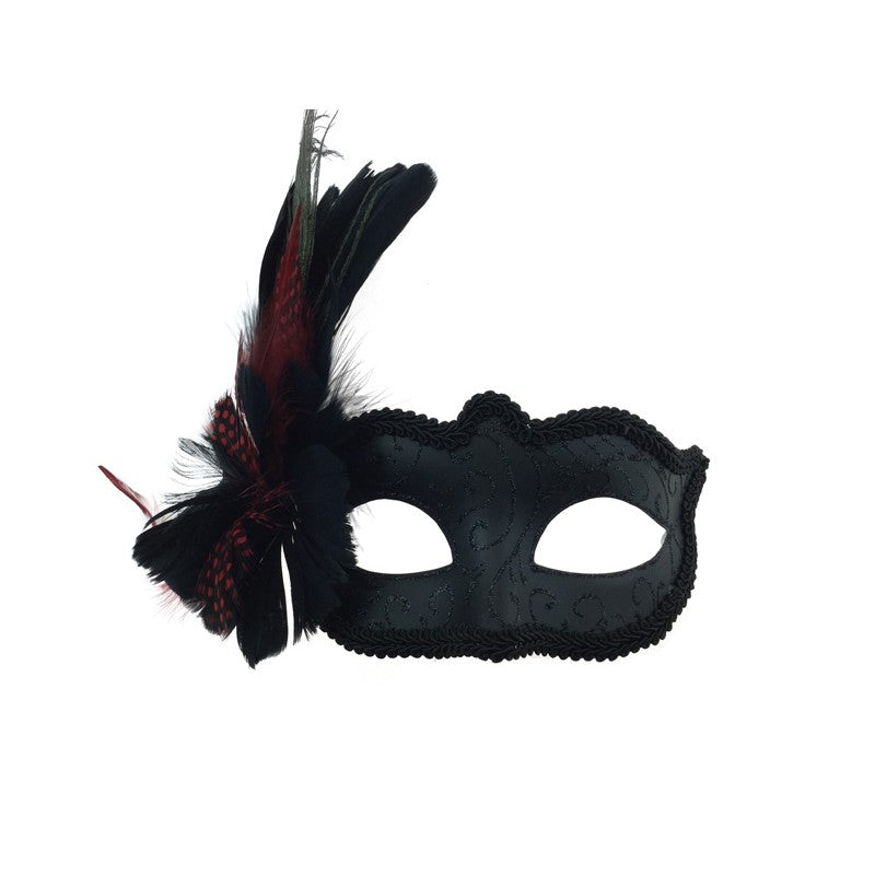 Venetian black mask with feathers and glitters M8334R_1