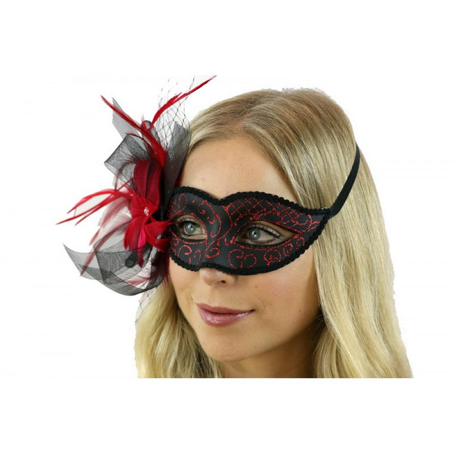 Venetian mask with feathers and tulle M8355R-Venetian_feather_mask_red