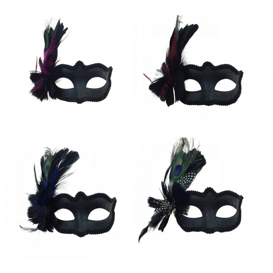 Venetian black mask with feathers and glitters