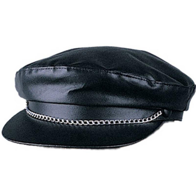 Faux Leather Biker Cap Hat - Black, Rocker, 80's