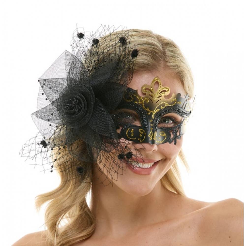 Masque vénitien à fascinateur avec fleur en tulle et paillettes