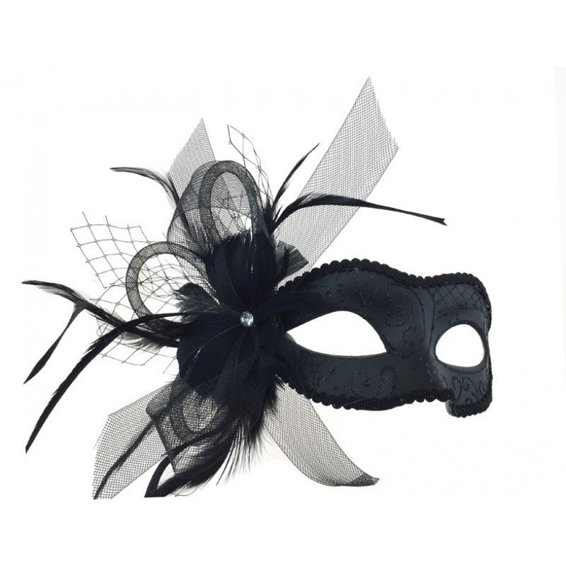 Venetian mask with feathers and tulle M8355Bk_2