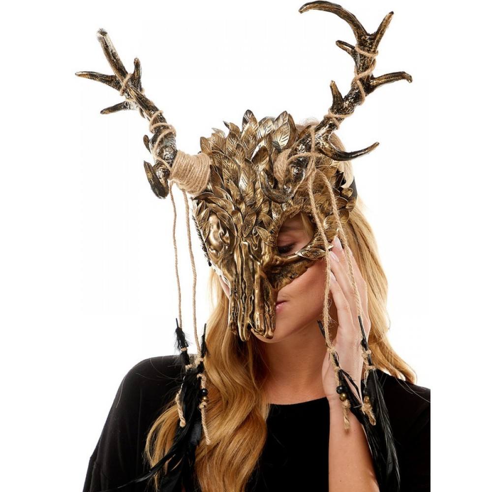 Deer skull Mask headpiece with feathers M39763G-4-1000x1000h