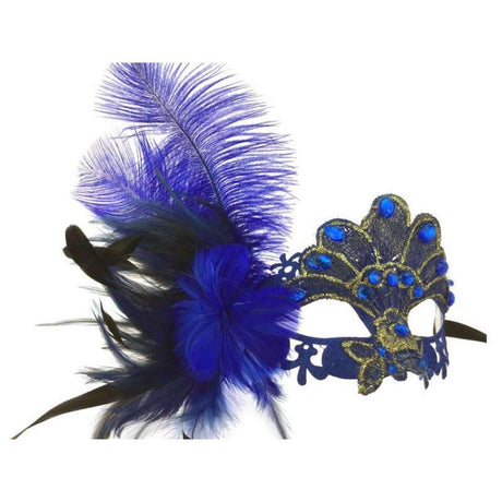 Venetian lace mask with feathers M8337Bl-3