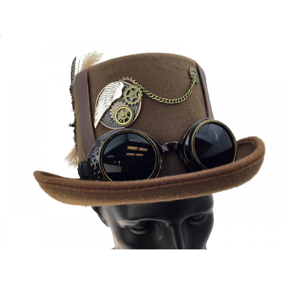 Steampunk Top Hat with feathers and goggles Hat028
