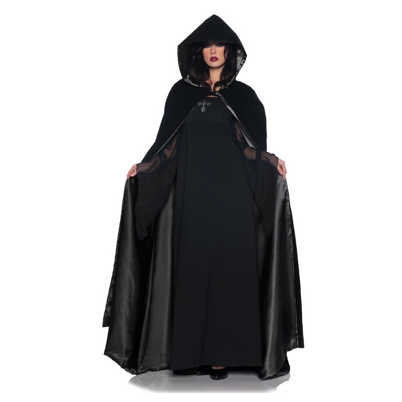 Deluxe Velvet & Satin Hooded Cape 63 inch 29244_63_Velvet_Satin_Cape_Blk_Blk