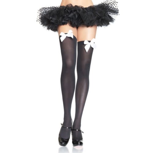 Nylon thigh highs over the knee with bow