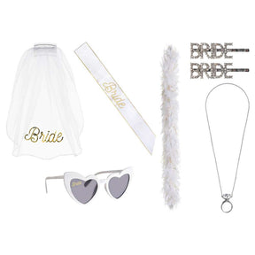 Bride 6 pieces Kit with veil, boa, sash, Glasses