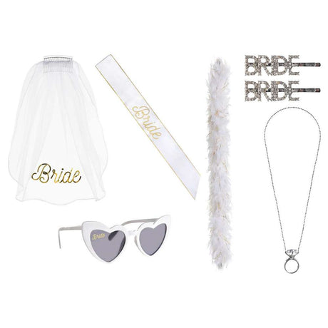 Bride 6 pieces Kit with veil, boa, sash, Glasses
