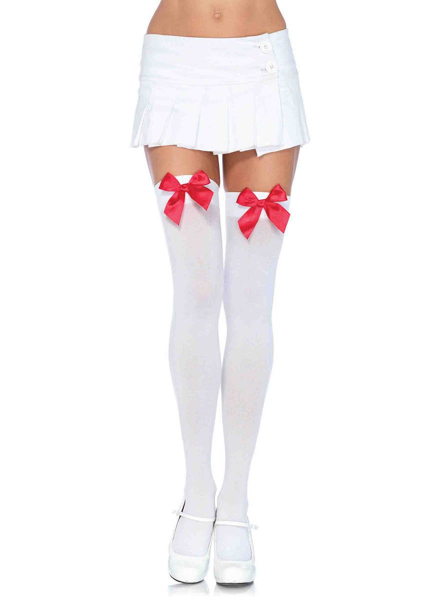 Nylon thigh highs over the knee with bow 6255_Opaque-Thigh-Highs_white-Red.pg