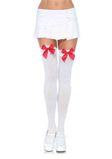 Nylon thigh highs over the knee with bow 6255_Opaque-Thigh-Highs_white-Red.pg