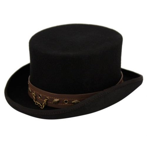 Low Crown Steampunk Top Hat with PU Band and Chain HE62