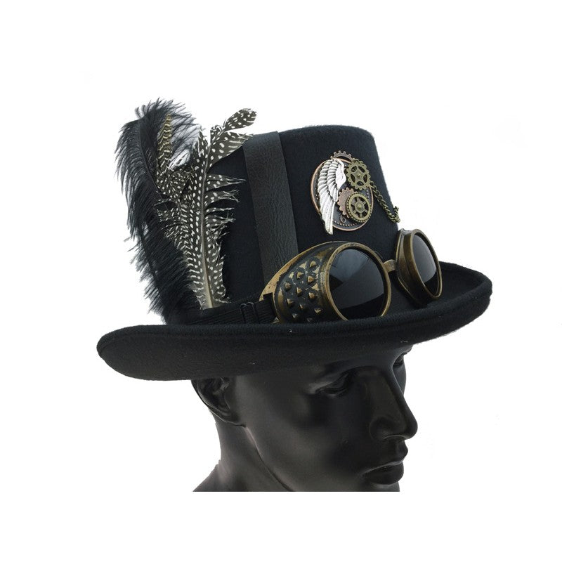 Steampunk Top Hat with feathers and goggles Hat027