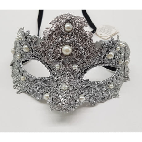 Venetian lace mask with pearls M3205Silver