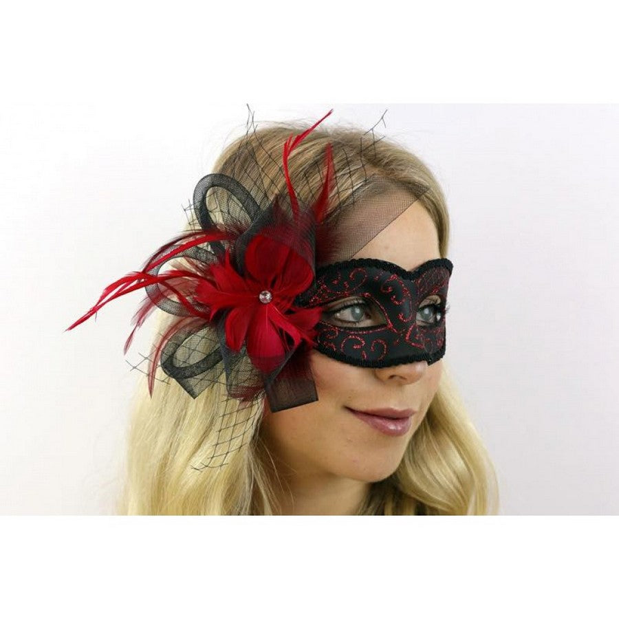 Venetian mask with feathers and tulle M8355R-2-Venetianmask-Feather_Red