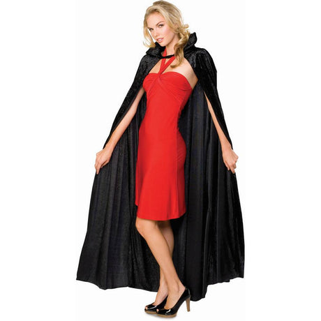 Long Black crushed Velvet Cape, female model