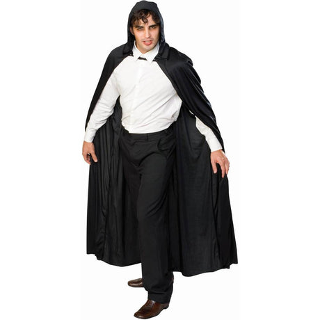 Long black Hooded Fabric Cape, male model