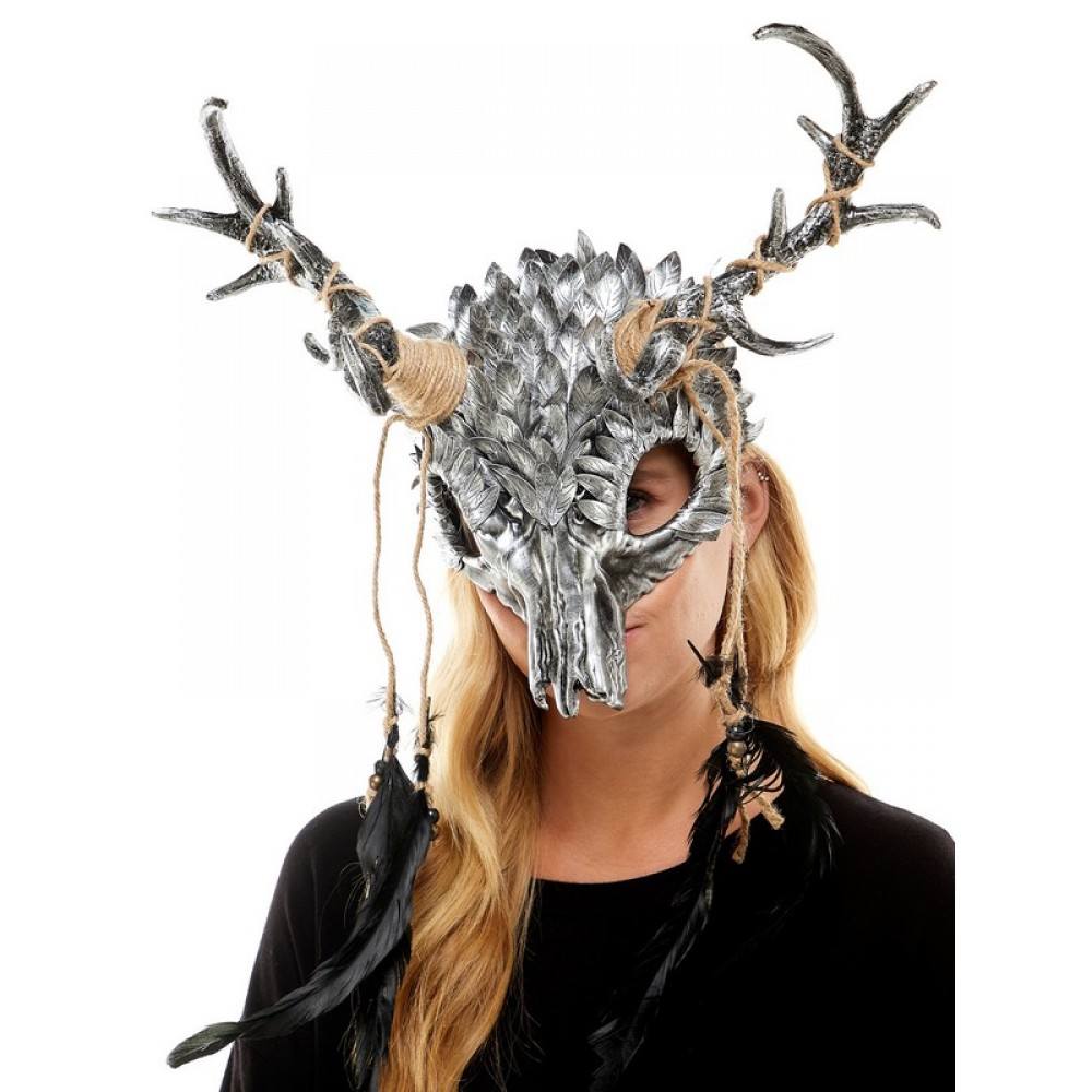 Deer skull Mask headpiece with feathers