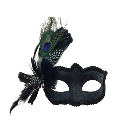 Venetian black mask with feathers and glitters