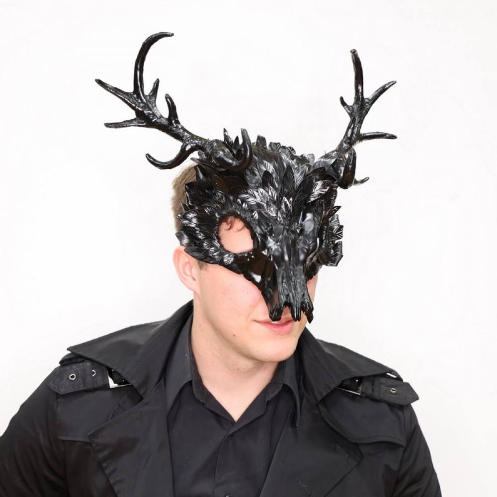 Deer skull Mask headpiece with feathers