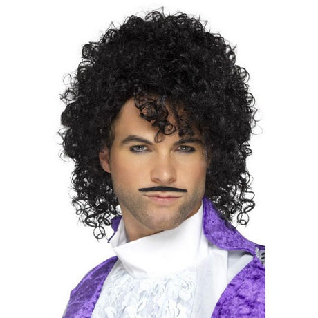 80s Purple Musician Kit - Black Wig & Mustache