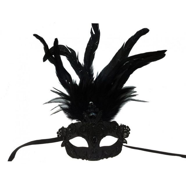Venetian mask Black lace with feathers