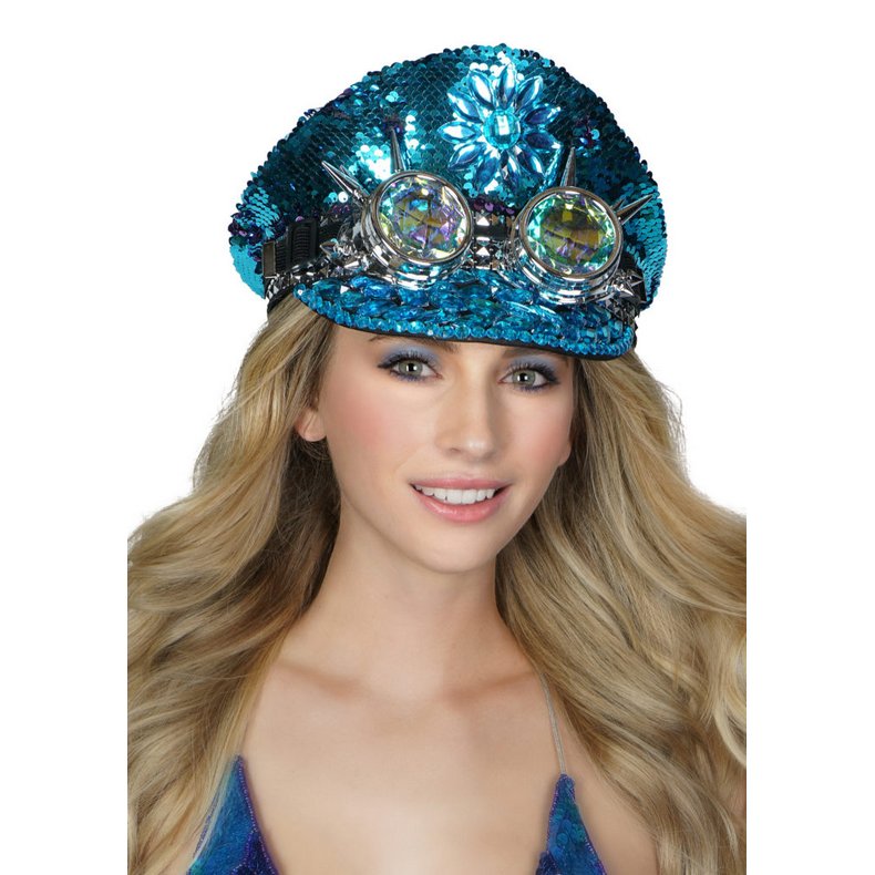 STEAMPUNK sequin HAT with Goggles-Turquoise/Purple