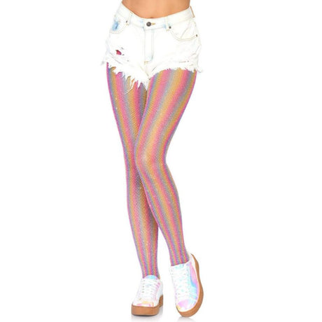 Rainbow Shimmer Striped Fishnet Tights