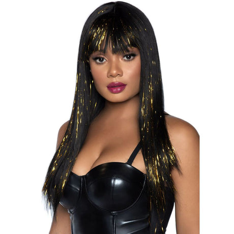 24” Long Straight Bang Wig With Gold Tinsel