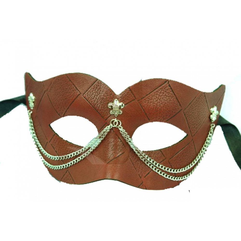 Leather Party Venetian mask with chain - brown