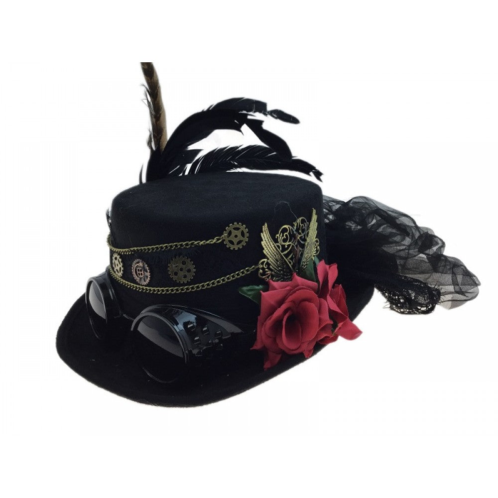 Steampunk Hat with goggles, flower & feathers