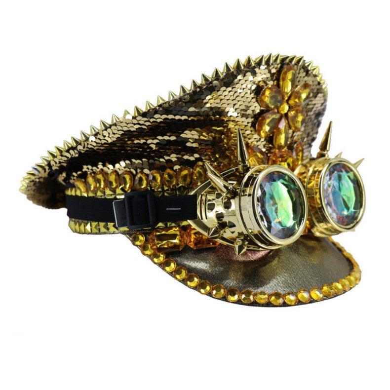 Steampunk sequin Hat with Goggles- Gold