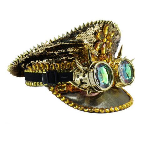 Steampunk sequin Hat with Goggles- Gold