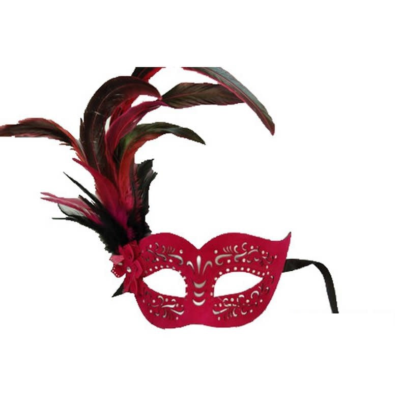 Leather cut mask w/ feathers aside- Hot Pink