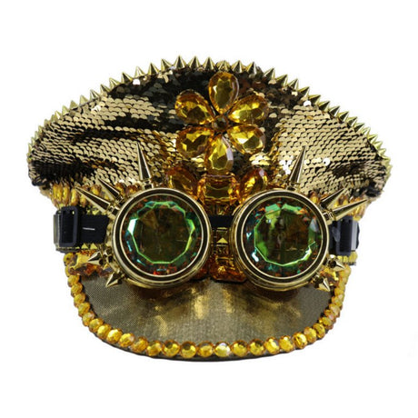 Steampunk sequin Hat with Goggles- Gold