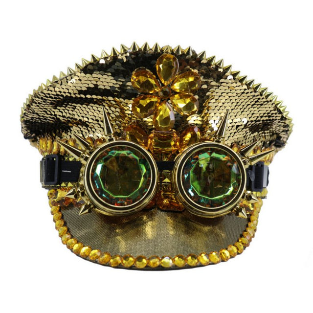 Steampunk sequin Hat with Goggles- Gold