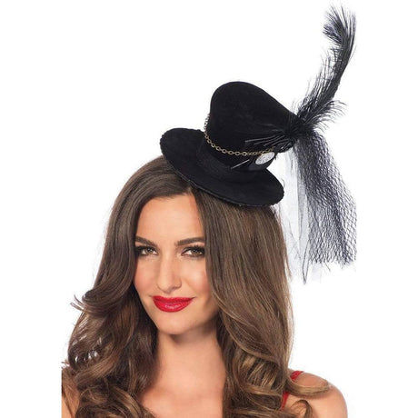 Steampunk Velvet Mini Top Hat With Chains - Black