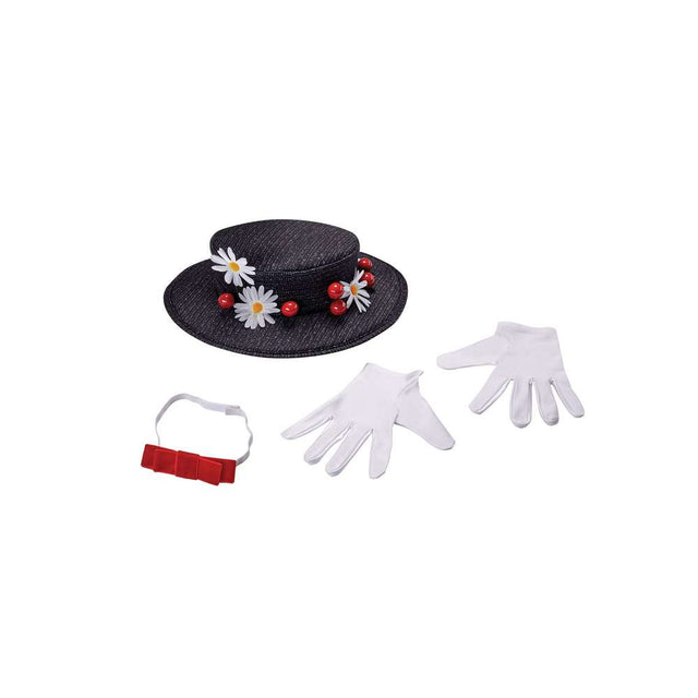 Mary Poppins Hat, bow tie & gloves