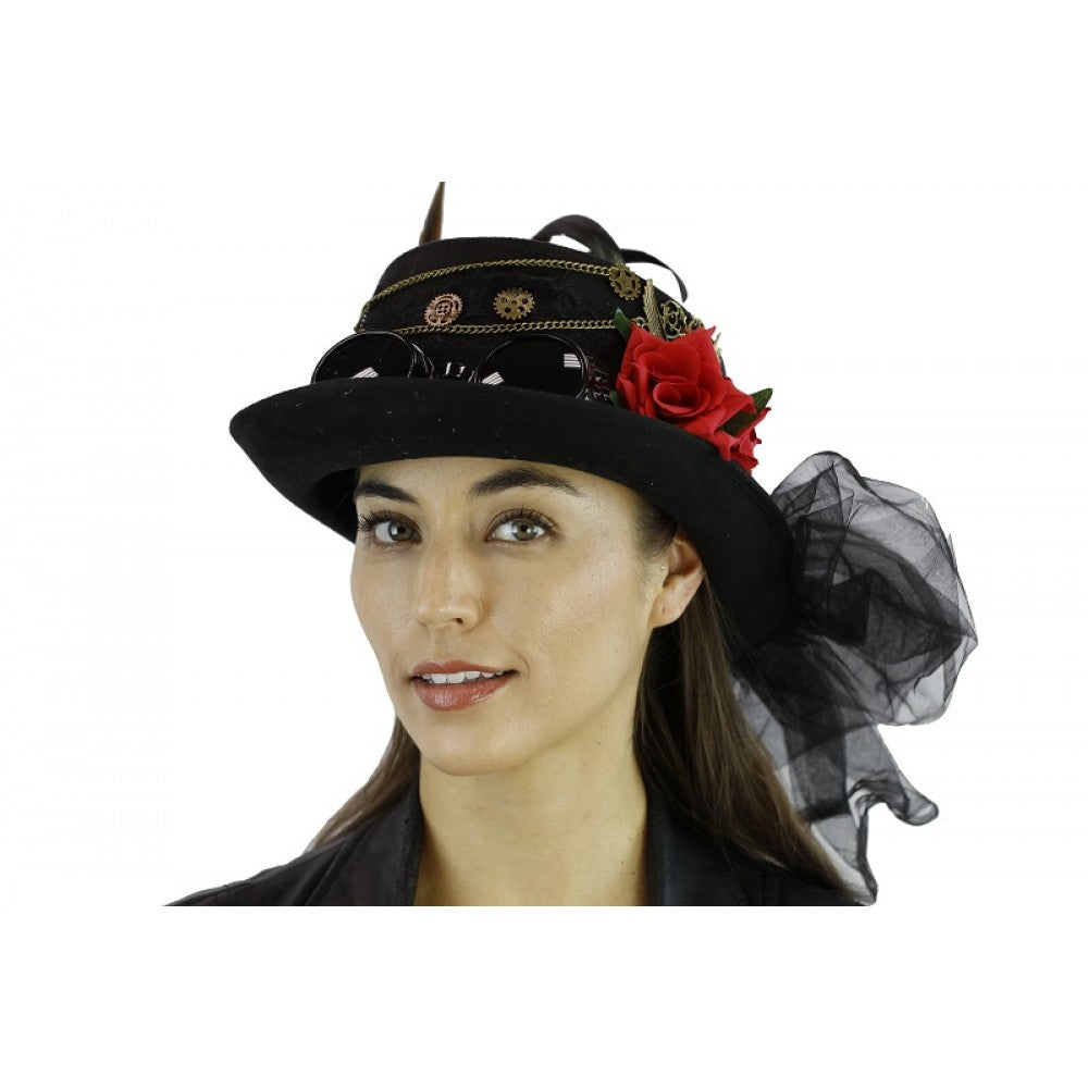 Steampunk Hat with goggles, flower & feathers