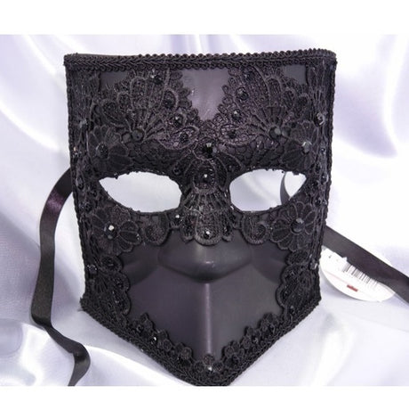 Bauta mask with lace and crystals decor Black