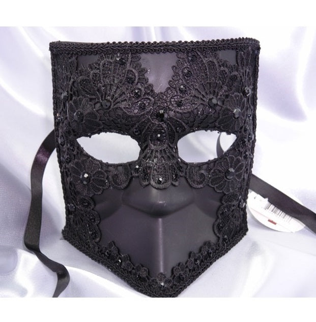 Bauta mask with lace and crystals decor Black