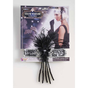 FLAPPER Silver HEADBAND with Black Feather - One Size - Silver