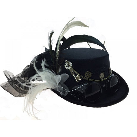 Steampunk hat with goggles, key and feathers