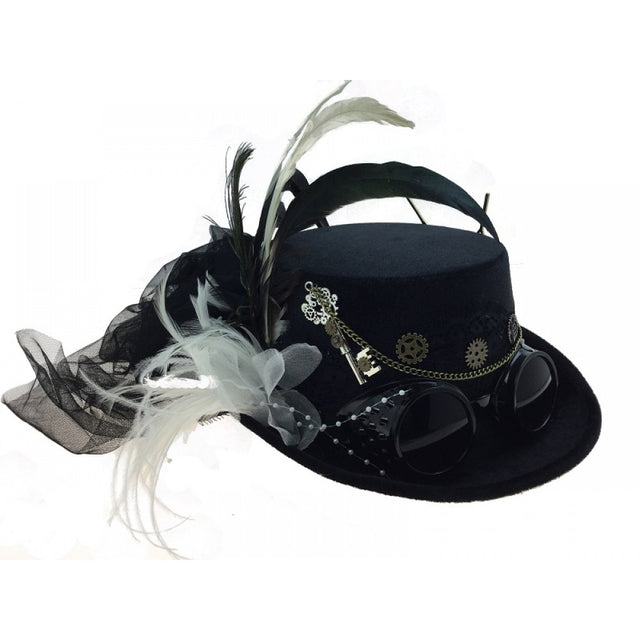 Steampunk hat with goggles, key and feathers
