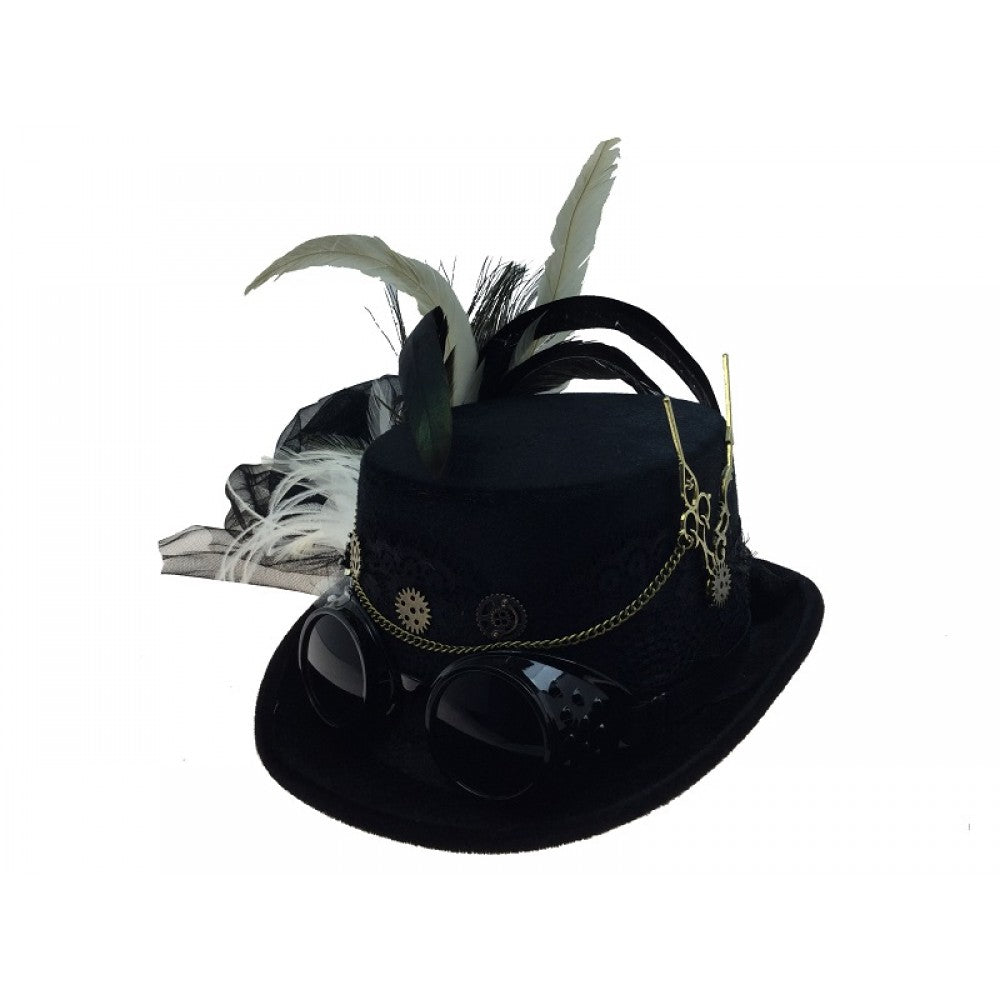 Steampunk hat with goggles, key and feathers